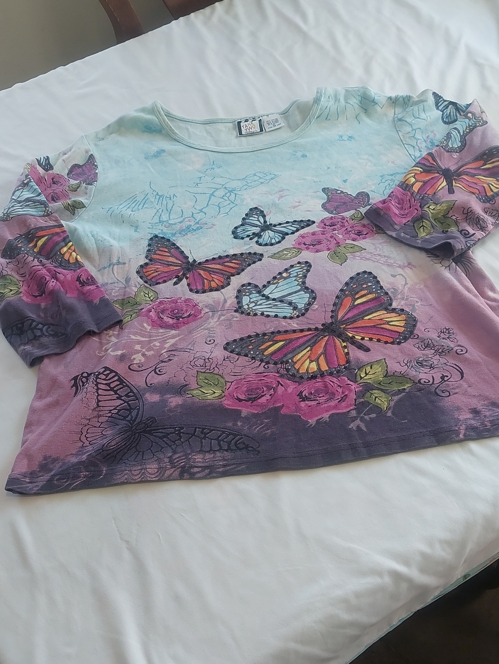 Take Two  Womens Butterfly Print Long Sleeve Top - Purple & Teal Xl